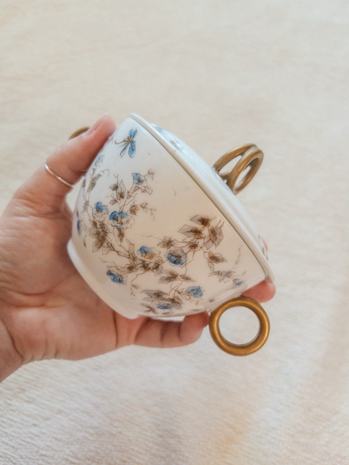 Antique Limoges CFH GDM Sugar Bowl Lidded Cup French Porcelain Blue Floral 1880s 8