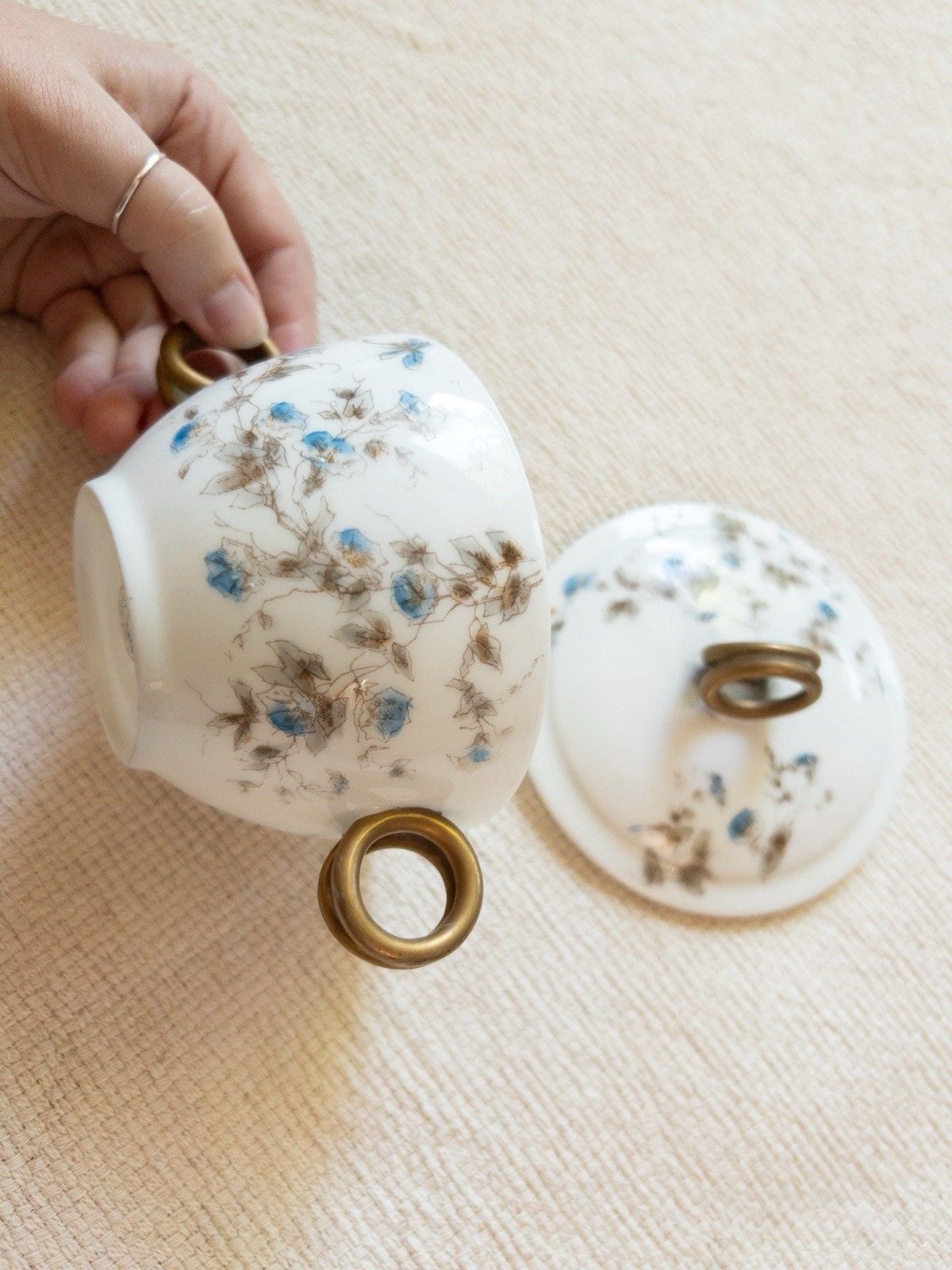 Antique Limoges CFH GDM Sugar Bowl Lidded Cup French Porcelain Blue Floral 1880s 1