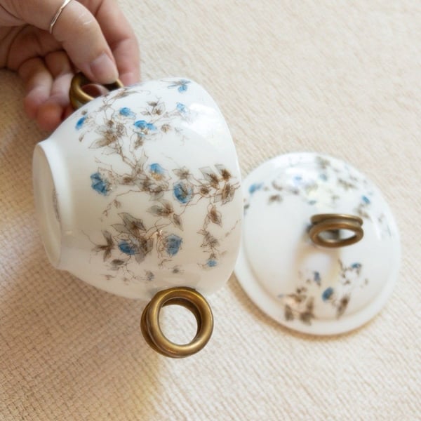 Antique Limoges CFH GDM Sugar Bowl Lidded Cup French Porcelain Blue Floral 1880s