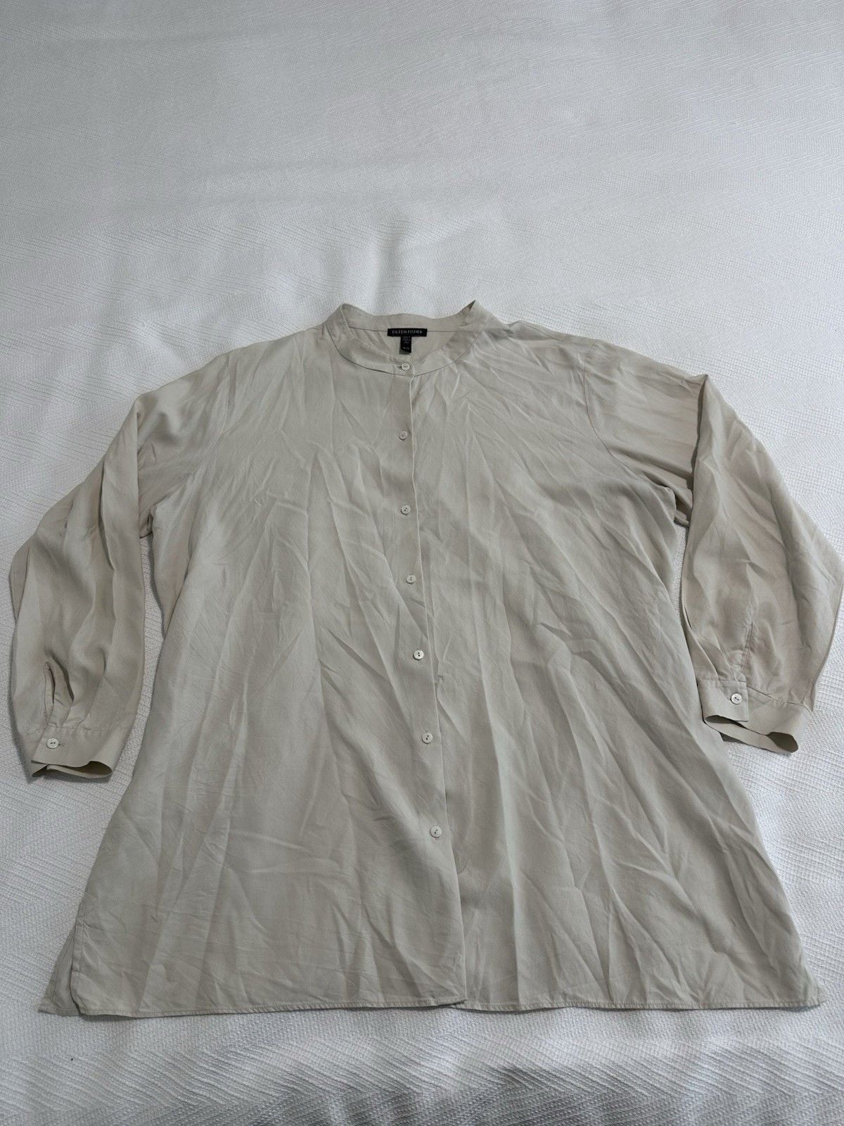 EILEEN FISHER Beige cream Mandarin Collar Button Front silk tunic Blouse - XL 2