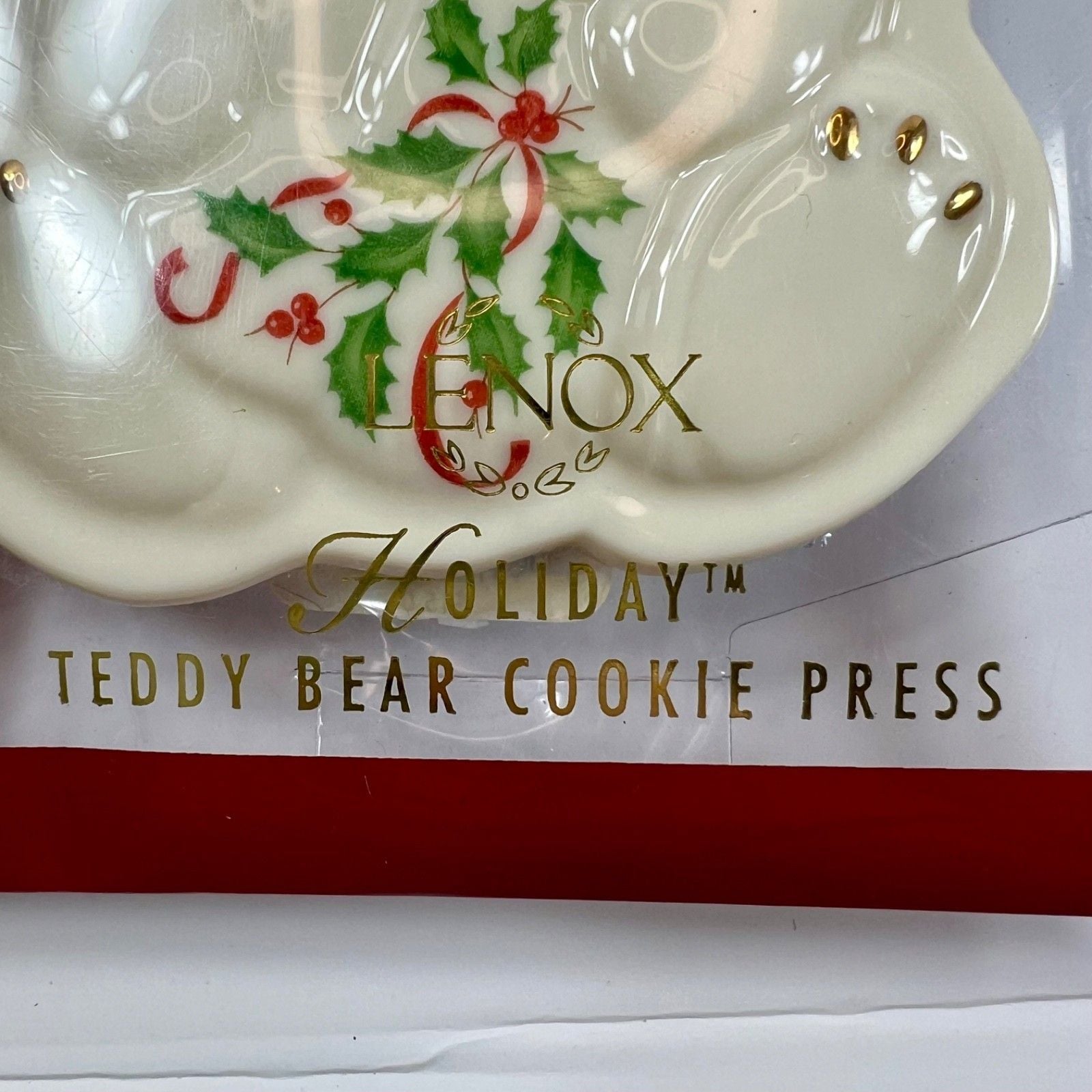 Lenox Holiday Teddy Bear Cookie Press Christmas Ornament Porcelain Holly Ribbon 9