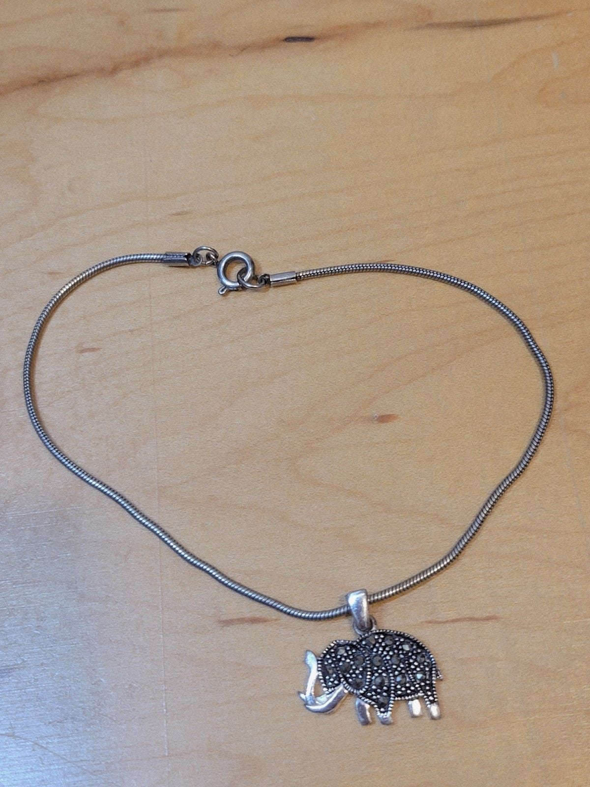 925 Sterling Silver Marcasite Elephant Charm Snake Chain Bracelet Vintage 10