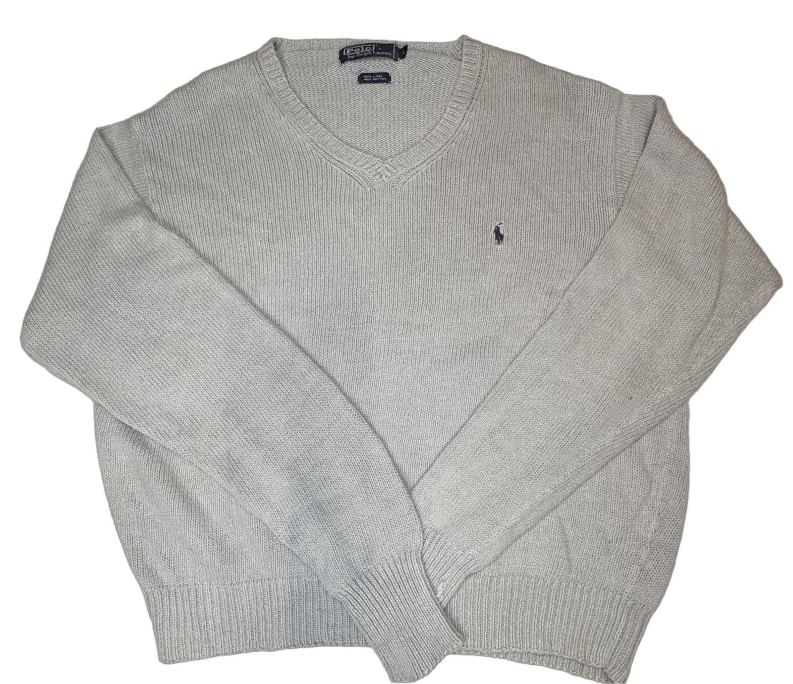 Polo Ralph Lauren Men XL V-Neck Sweater Pullover Light Grey Cotton Linen Knit 2