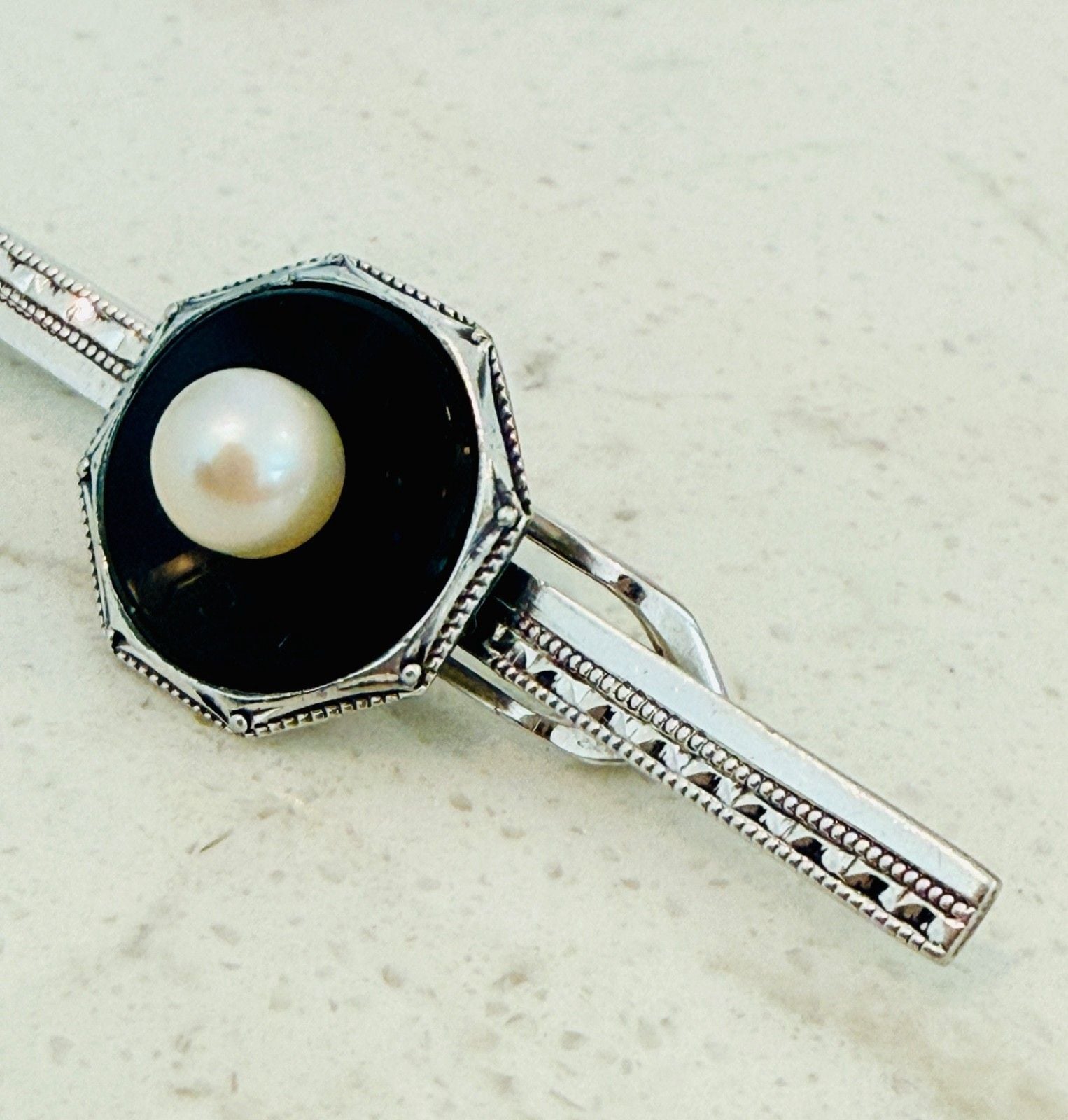 Art Deco Sterling Silver Bar Pin Black Stone Pearl Octagonal Milgrain 5cm 6