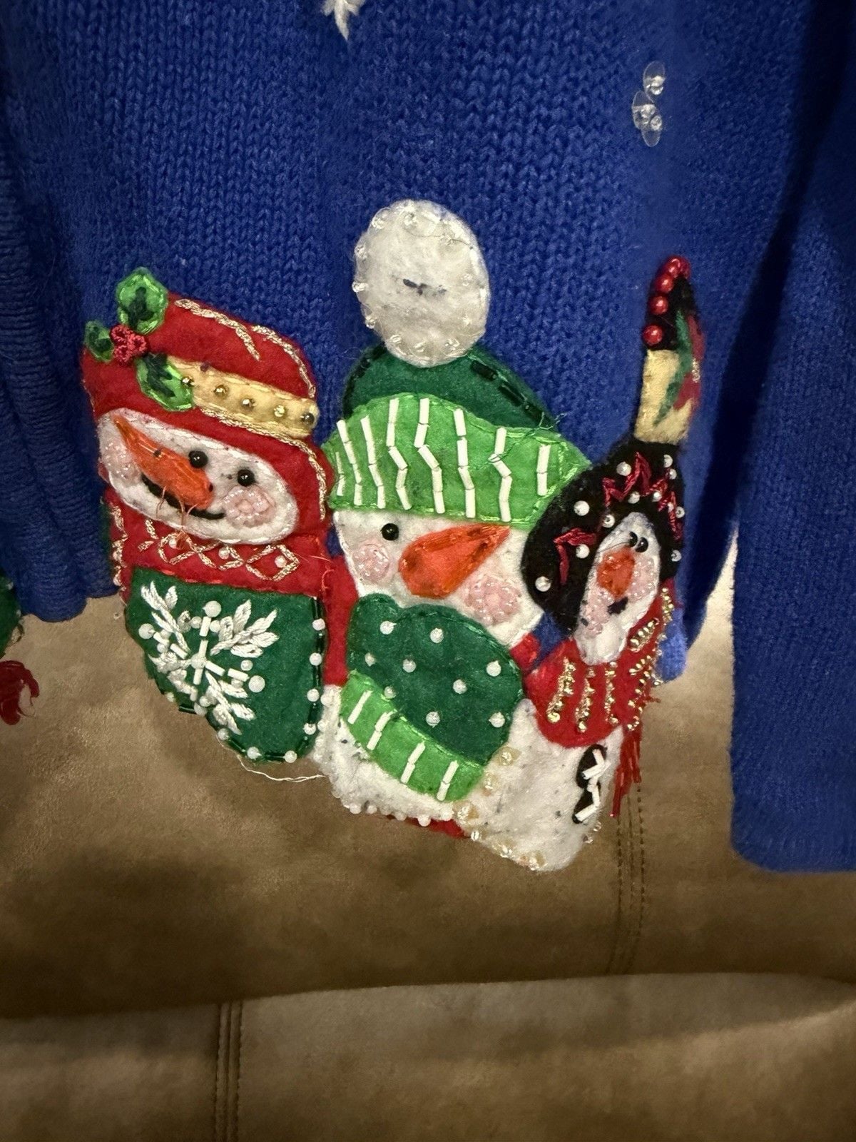 vintage heirloom collectibles Snowman Christmas Cardigan Sweater Blue Zip Sz L 3