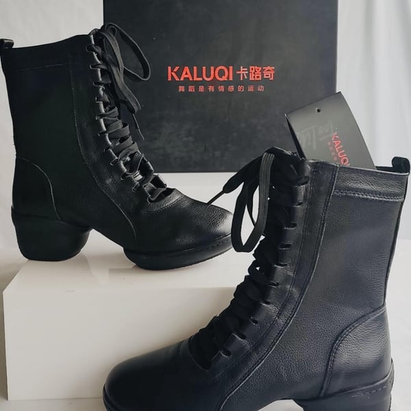 KALUQI Black Lace-Up Ankle Boots with Block Heel