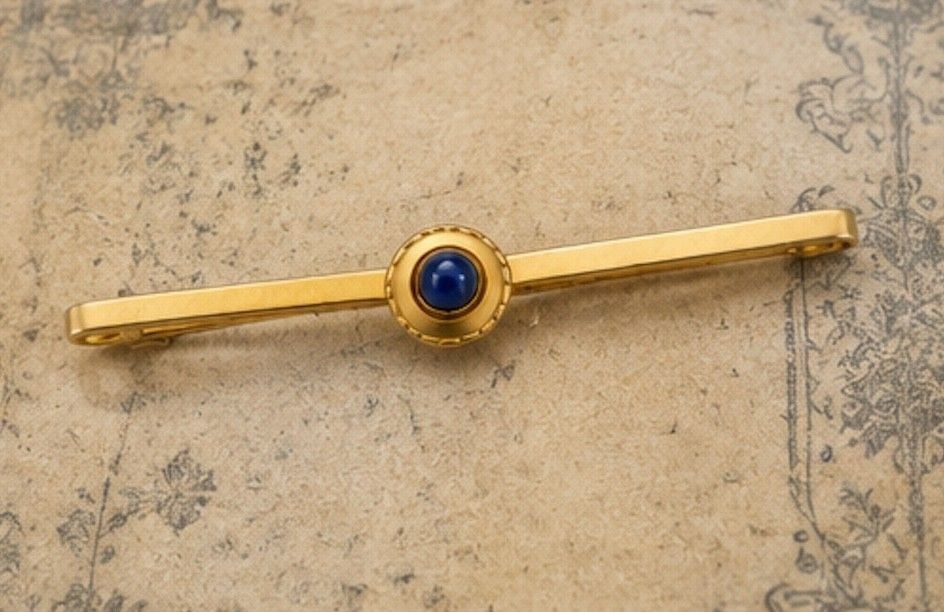 Antique 14K Gold & Sapphire Cabochon Bar Brooch | Edwardian c.1900–1920 2