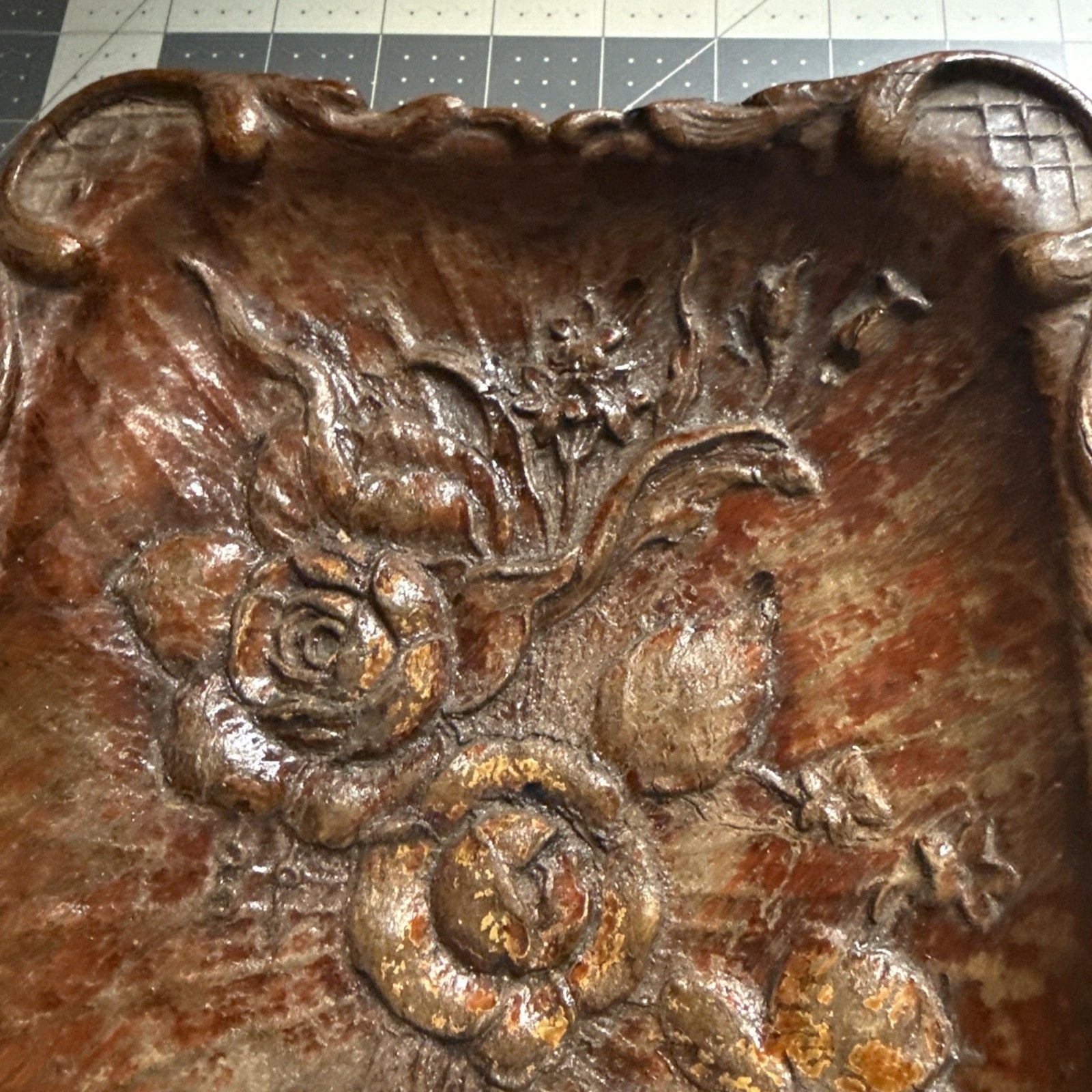 Carved Embossed Floral Wood Serving Tray, Dark Brown Glossy 12x8 8