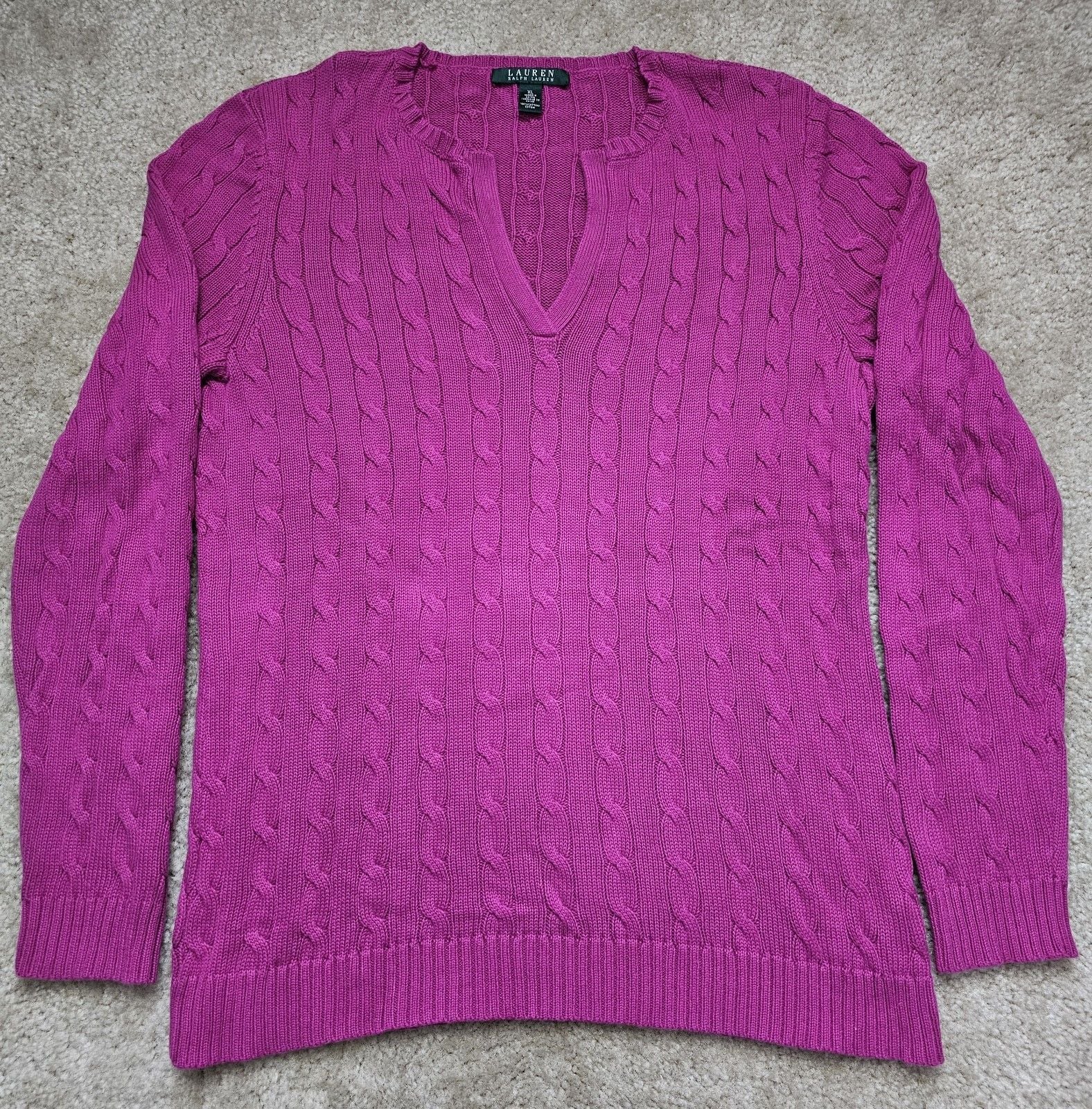Lauren Ralph Lauren Women XL Pink Cable Knit V Neck 100% Cotton Sweater 2