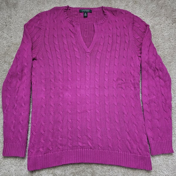 Lauren Ralph Lauren Women XL Pink Cable Knit V Neck 100% Cotton Sweater