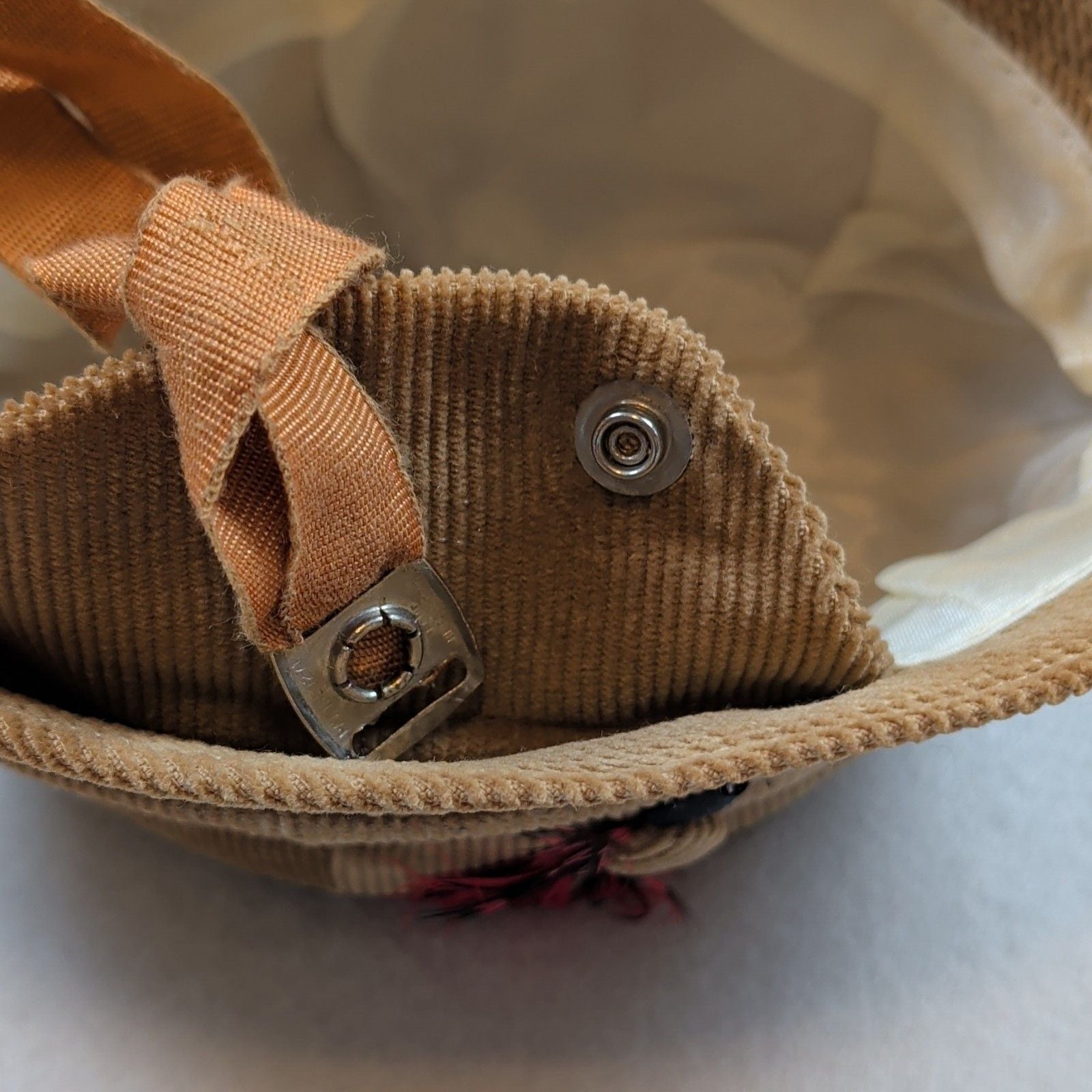 Child's Brown Corduroy Cloche Hat w/ Feather Accent Lined 8
