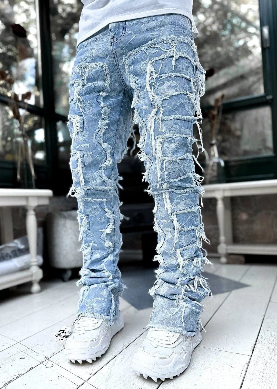 Men's Ripped Stacked Jeans | Fringe Detail | Slim Streetwear Denim 1