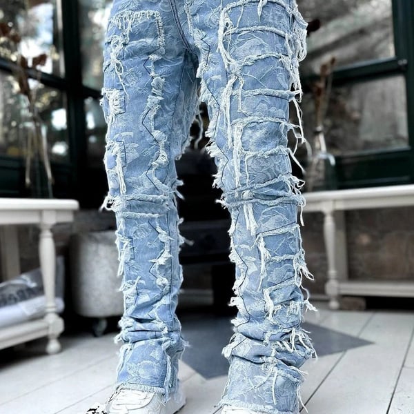 Men's Ripped Stacked Jeans | Fringe Detail | Slim Streetwear Denim