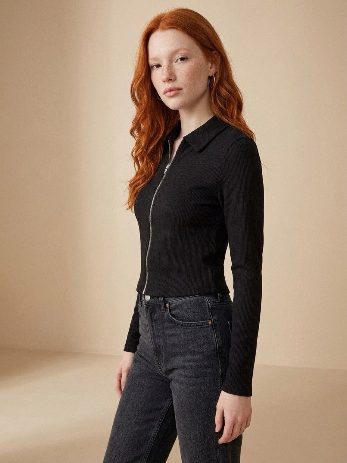 A New Day Women’s Black M Knit Collared Long Sleeve Full Zip Polyester Top 5