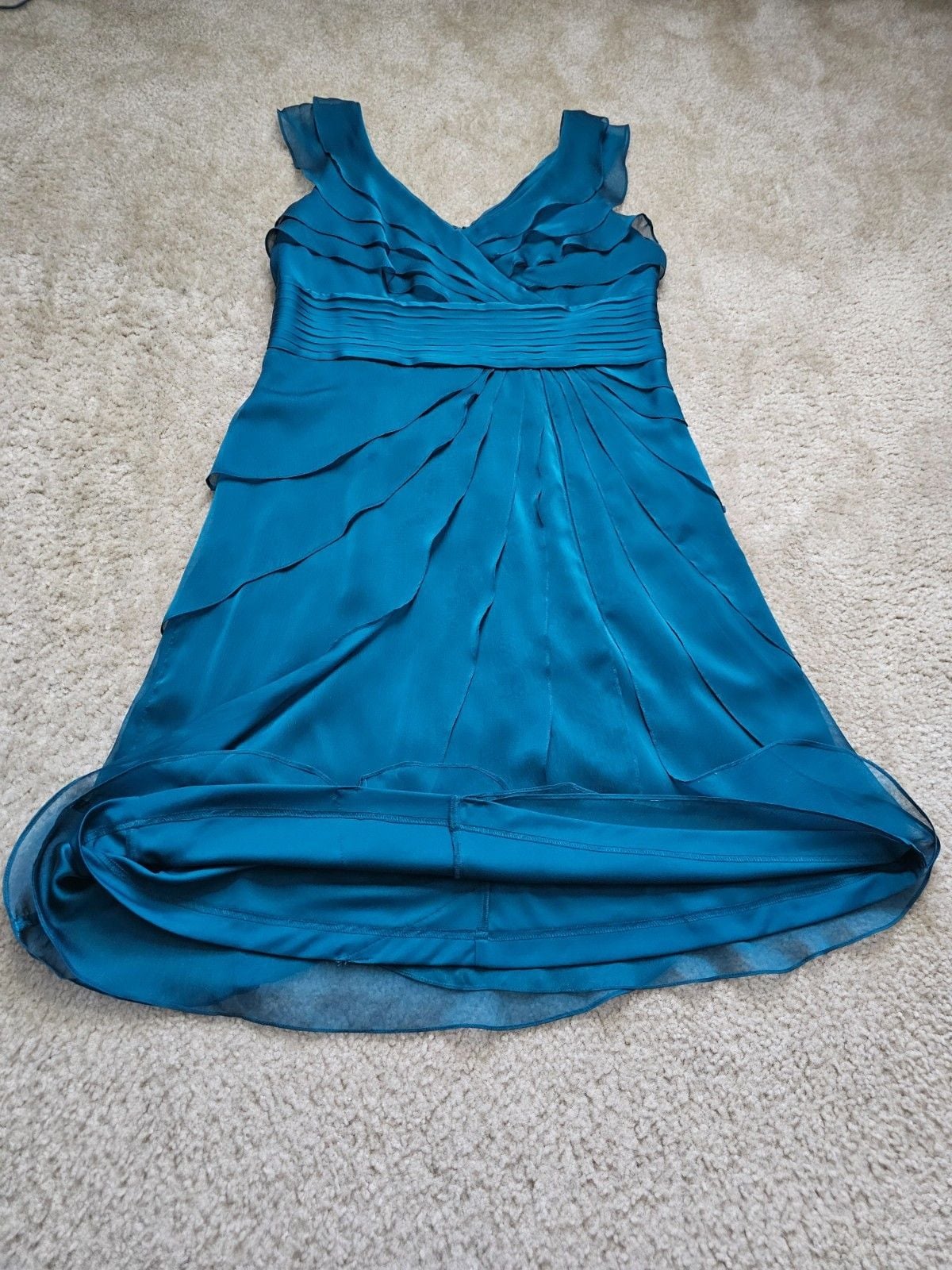 Adrianna Papell Occasions Teal Ruffle Chiffon Cocktail Dress Women's 14 5