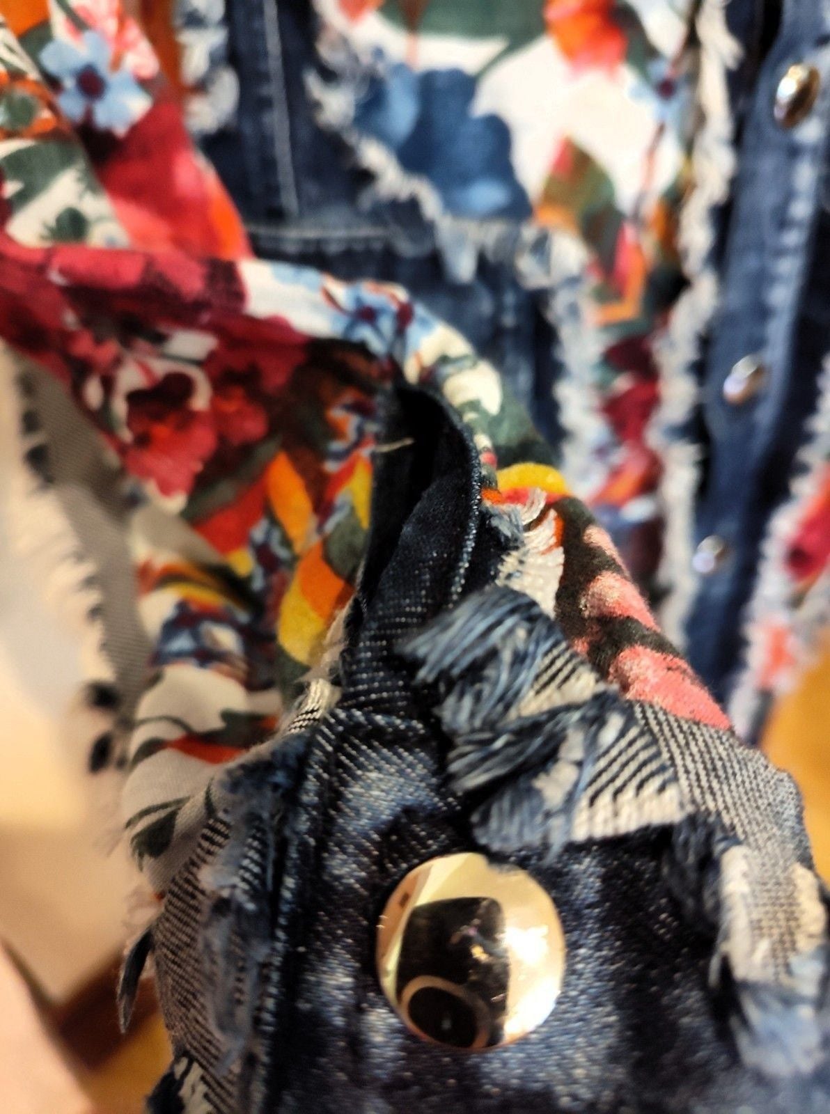 ADORE Distressed Denim Floral Duster Jacket Dress Artsy Boho Western Large EUC 4