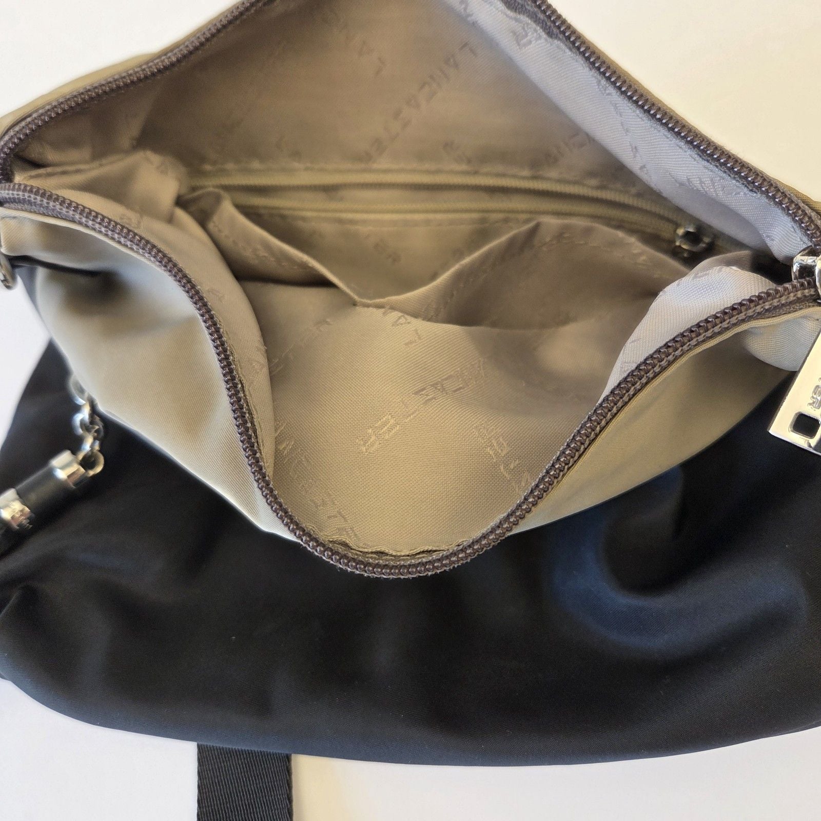 Lancaster Paris Basic Pompon Nylon Hobo Crossbody Bag Black Taupe 10