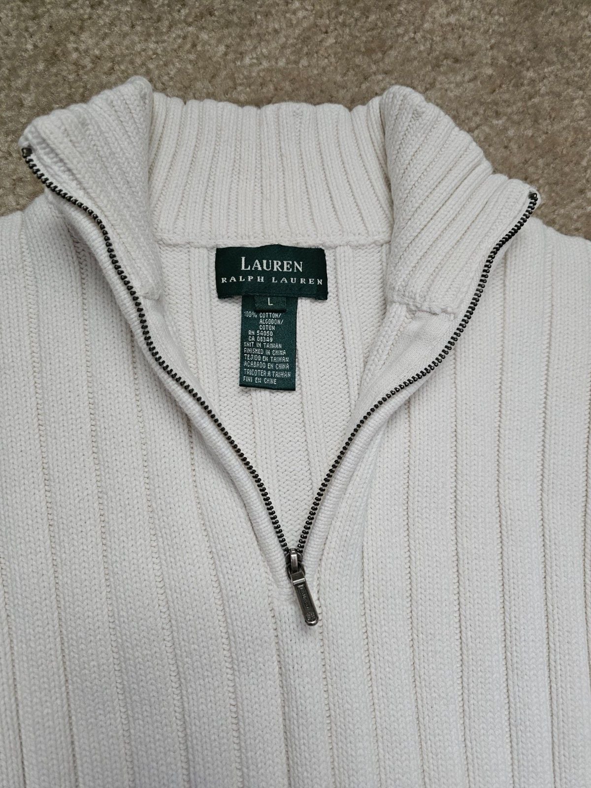 Lauren Ralph Lauren Women L White Ribbed Cotton 1/4 Zip Mock Neck Sweater 6