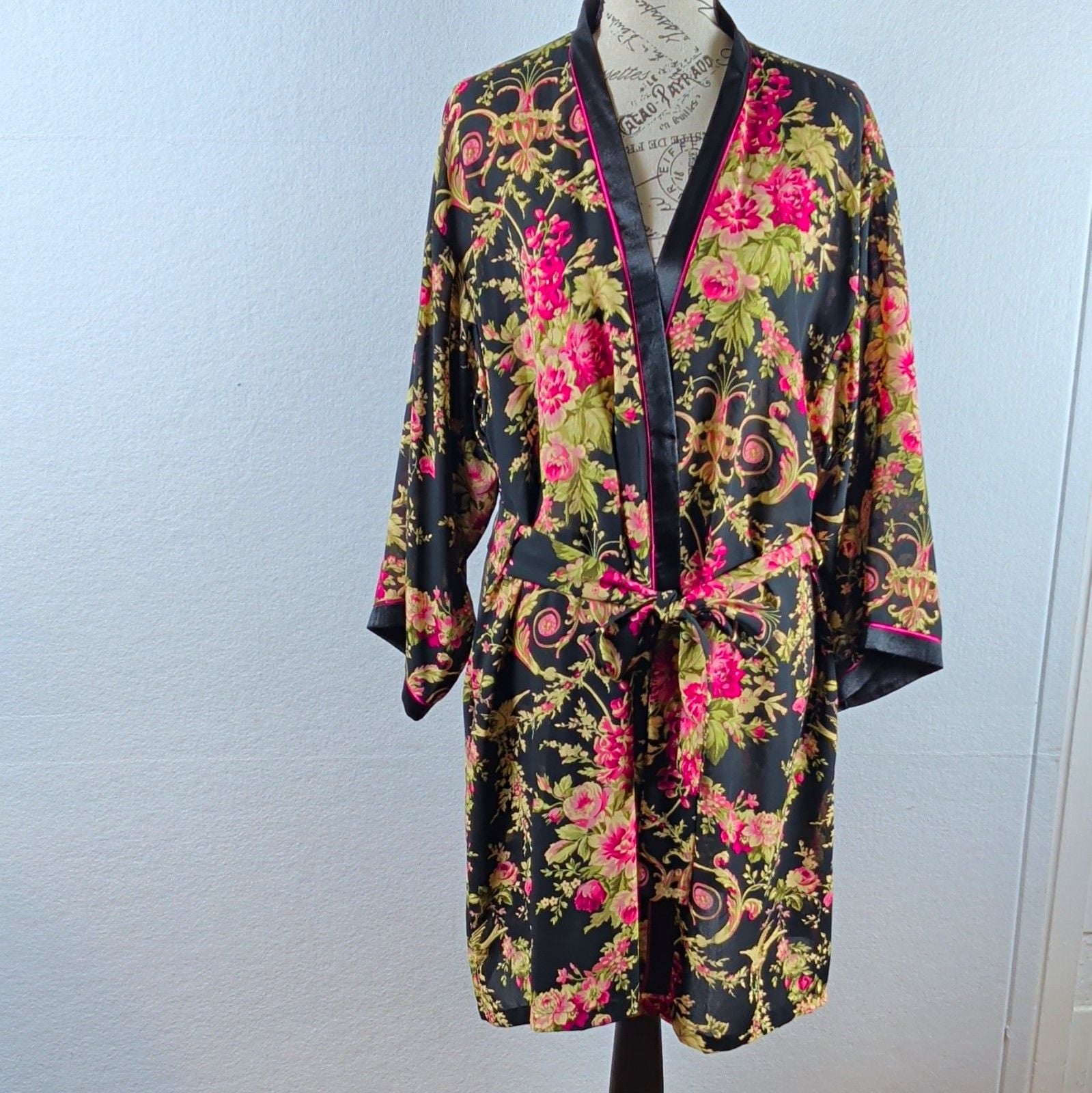 Oscar de la Renta Pink Label Floral Bird Kimono Robe Satin Look Black L XL Poly 2