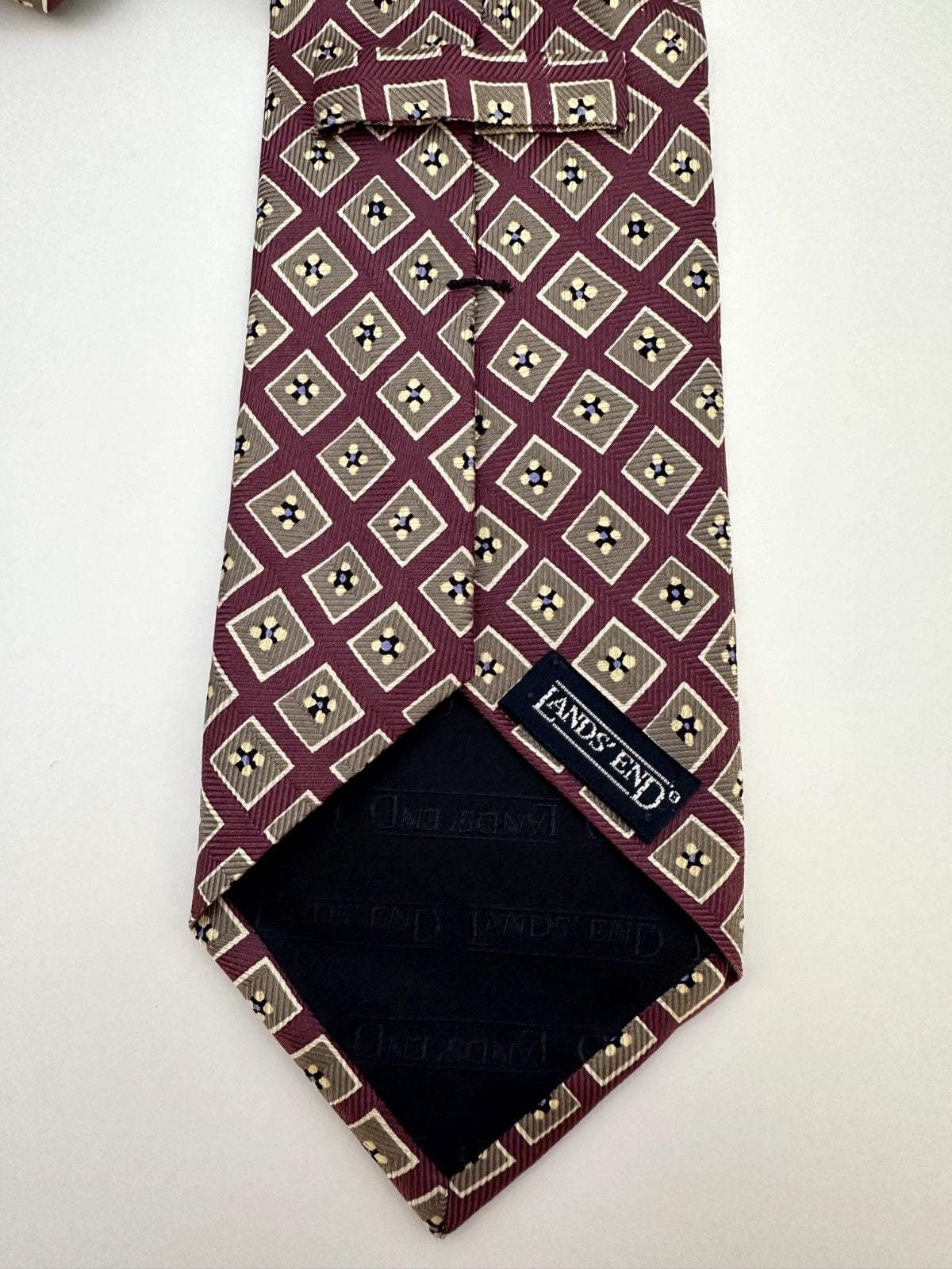 Land’s End Men’s Silk Tie Burgundy with Navy & Gold Geometric Diamond Pattern 2