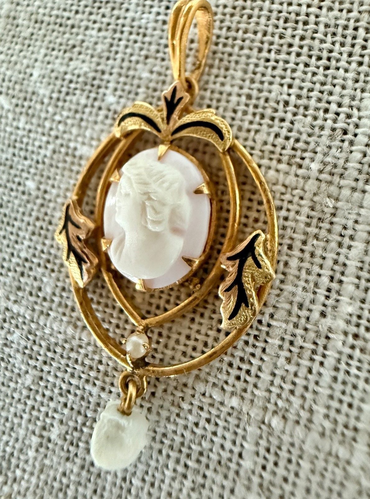 Antique 10K Gold Shell Cameo Pendant Black Enamel Pearl Drop Victorian Style 7