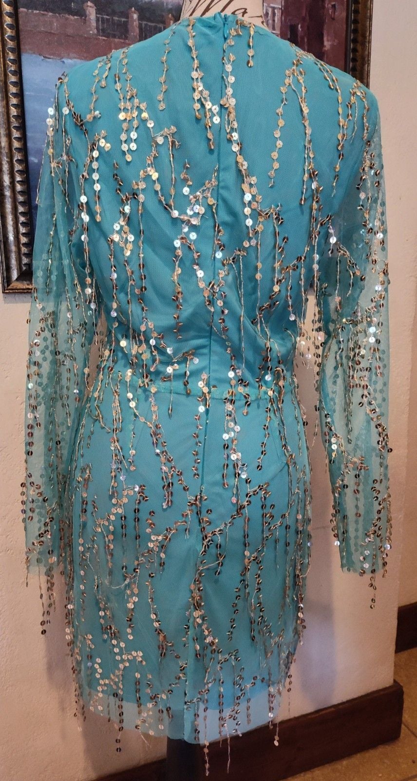 NWT Southern Fried Chics "Magic Mirror" Teal Sequin Fringe Cocktail Dress Sz Sm 6