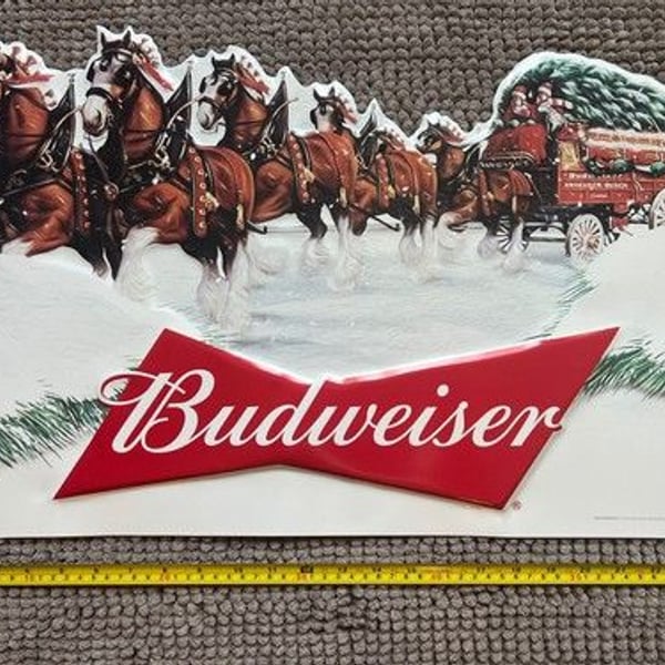 NEW Budweiser Clydesdales Tin Metal Sign Anheuser Busch Holiday RARE Beer Bar