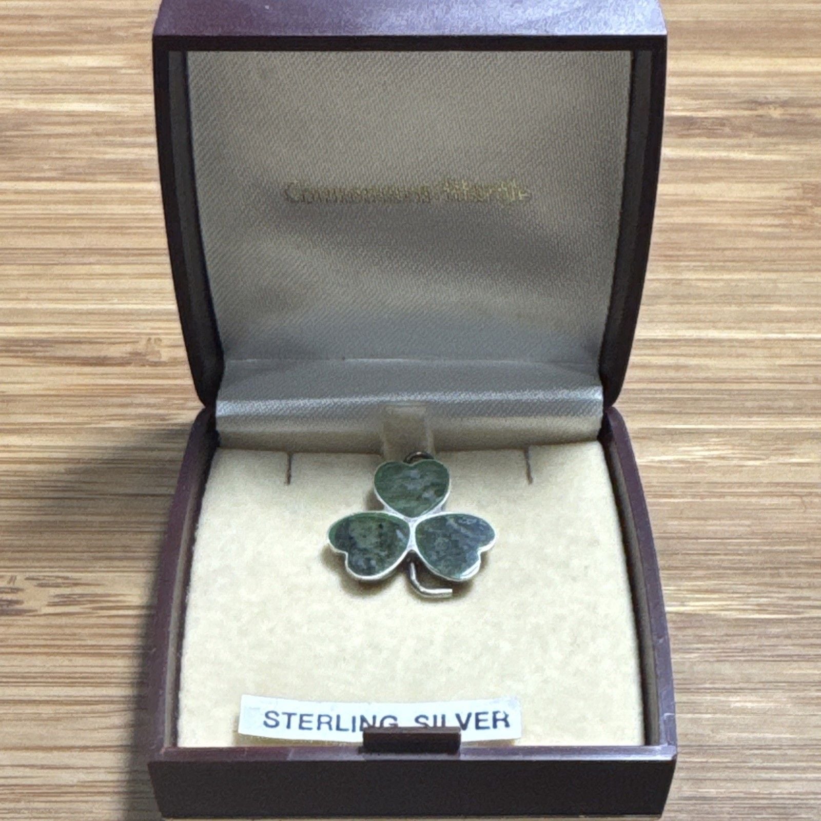 Vintage Connemara Marble Sterling Silver Shamrock Pendant Ireland Boxed 3