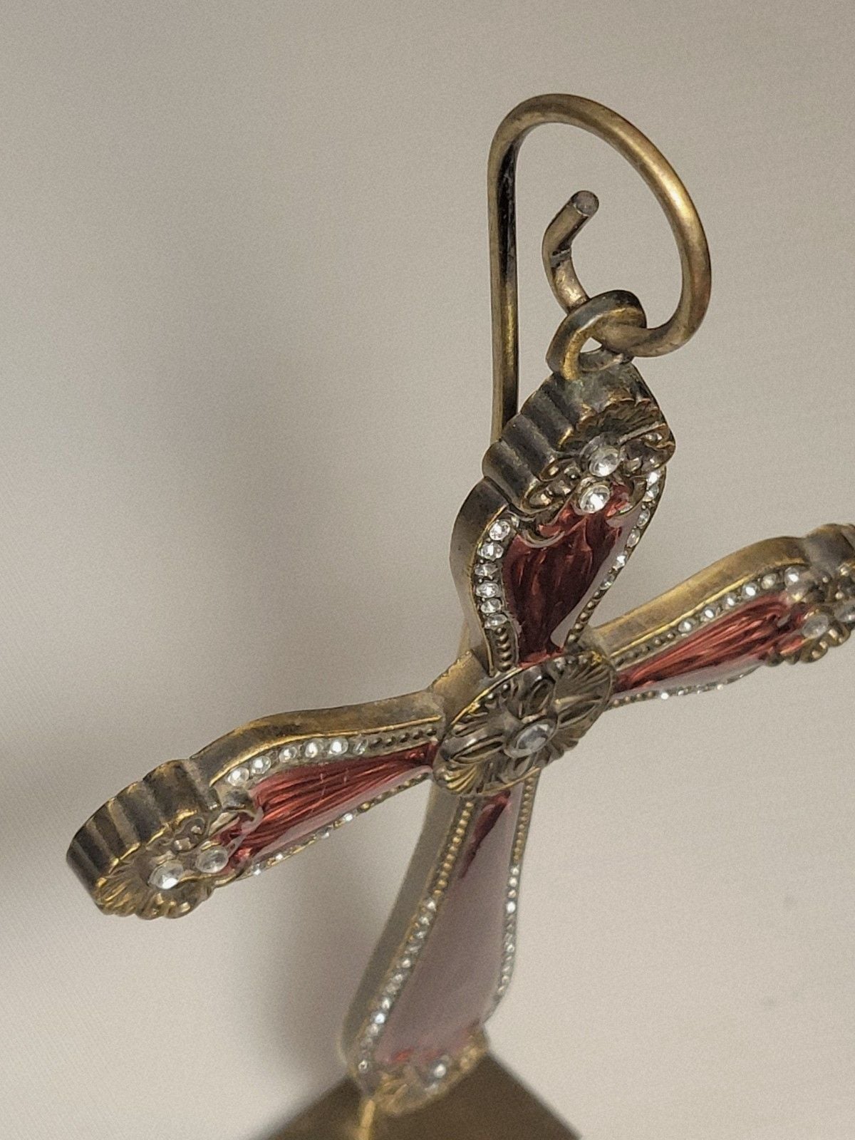 Vintage Style Ornate Red Enamel Rhinestone Cross Ornament on Metal Display Stand 10