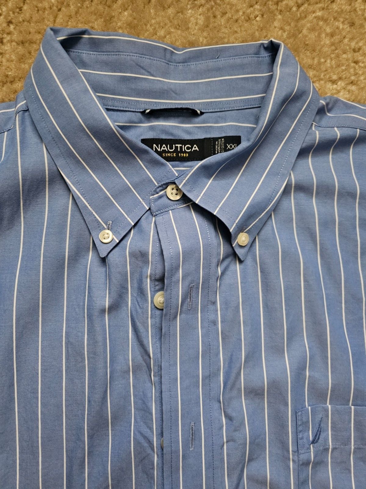 Nautica Mens XXL Blue White Stripe Long Sleeve Button Down Shirt 100% Cotton 6