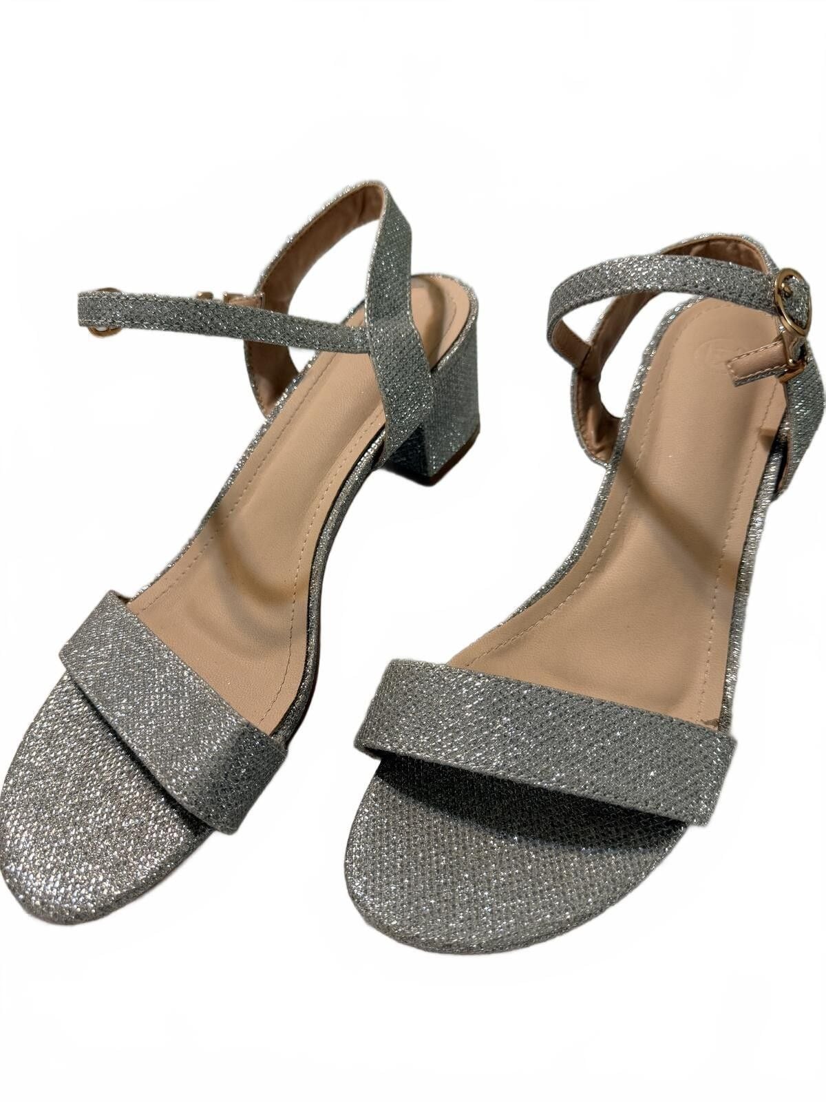 Silver Glitter Ankle Strap Block Heel Sandals, Size 42, USA 10.5 7