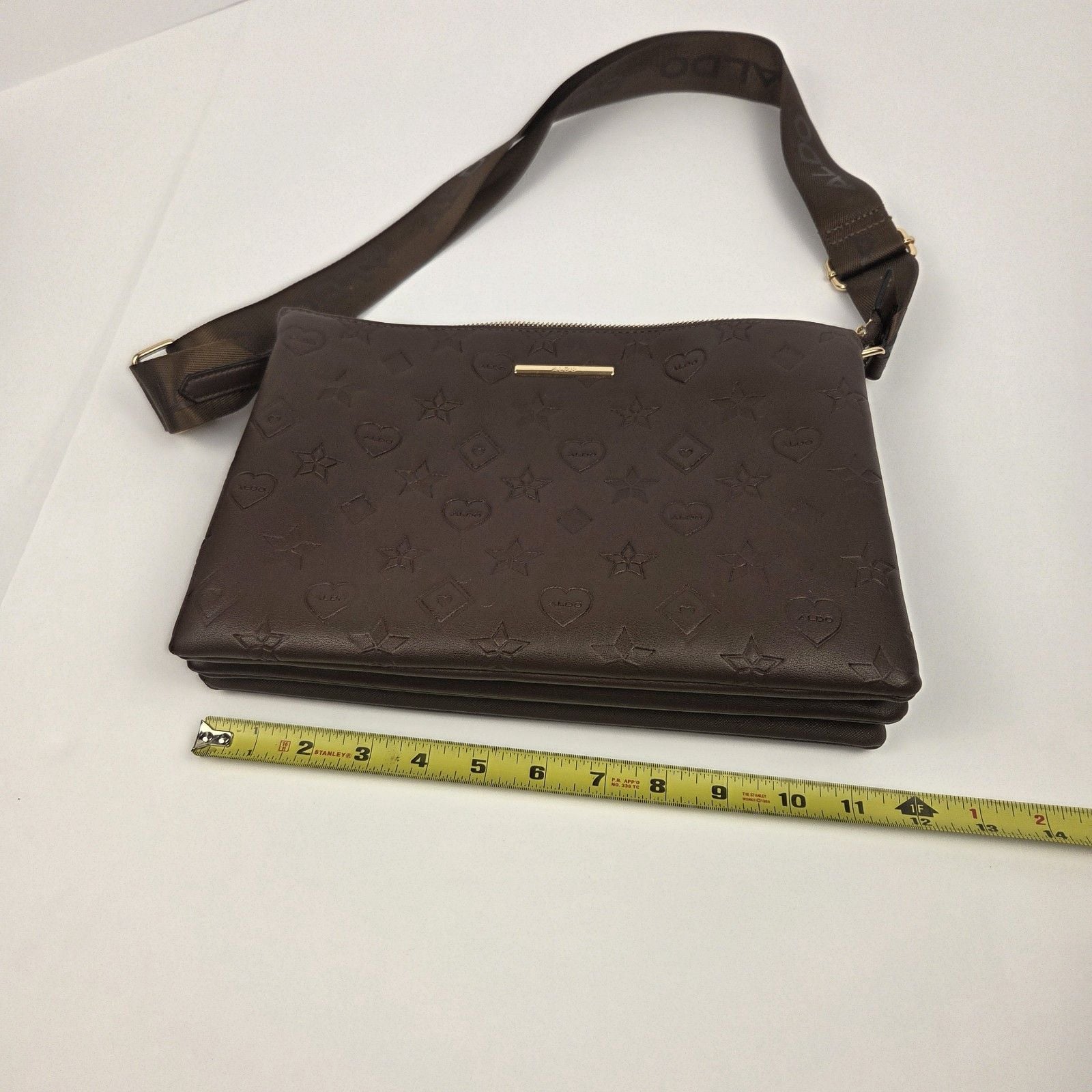ALDO Brown Embossed Logo Crossbody Bag Zip Closure Adjustable Strap Pockets 11