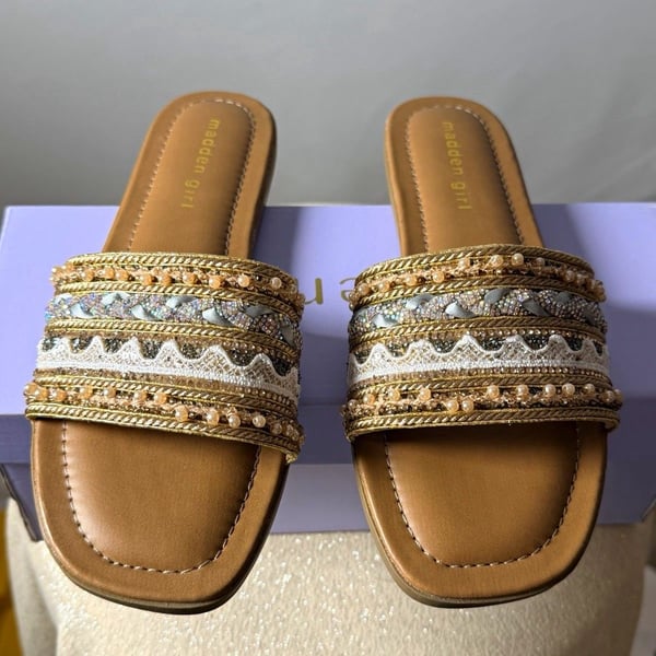 Madden Girl Women's Tan/Gold Rhinestone Beaded Slide Sandals Open Toe Size 7