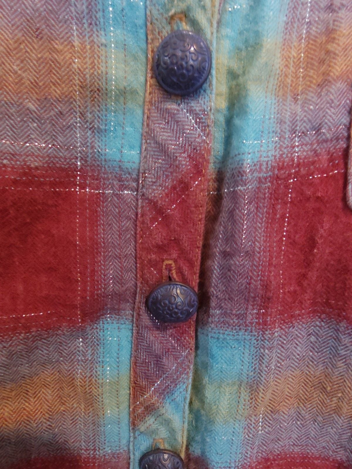 Aratta Pink & Blue Boho Plaid Button Down w Beautiful WaterColor Seascape Sz S 4