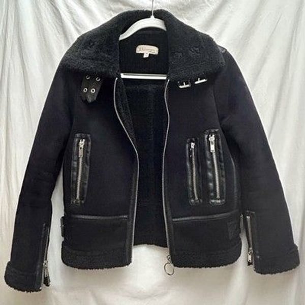 Philosophy XS Faux Shearling Moto Jacket Blk Aviator Biker Zip Buckle Coat