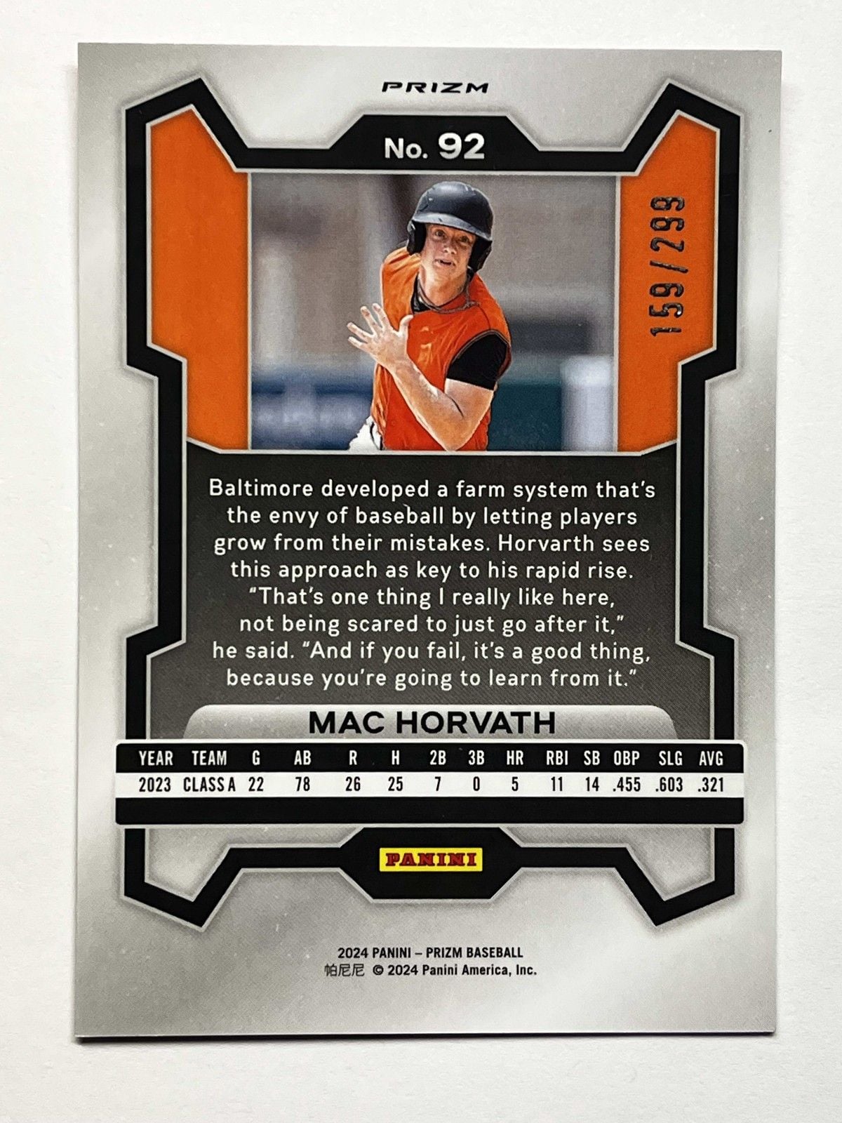2024 Panini Mac Horvath #92 Red Prizm /299 Baltimore Orioles 2