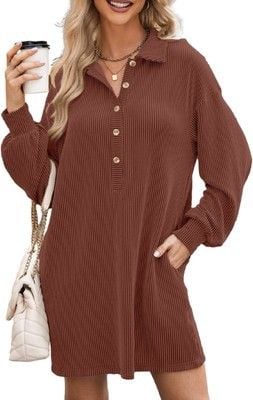 AlvaQ Womens Long Sleeve Dress Loose Button Front Lapel Collared Ribbed-SIZE M 4