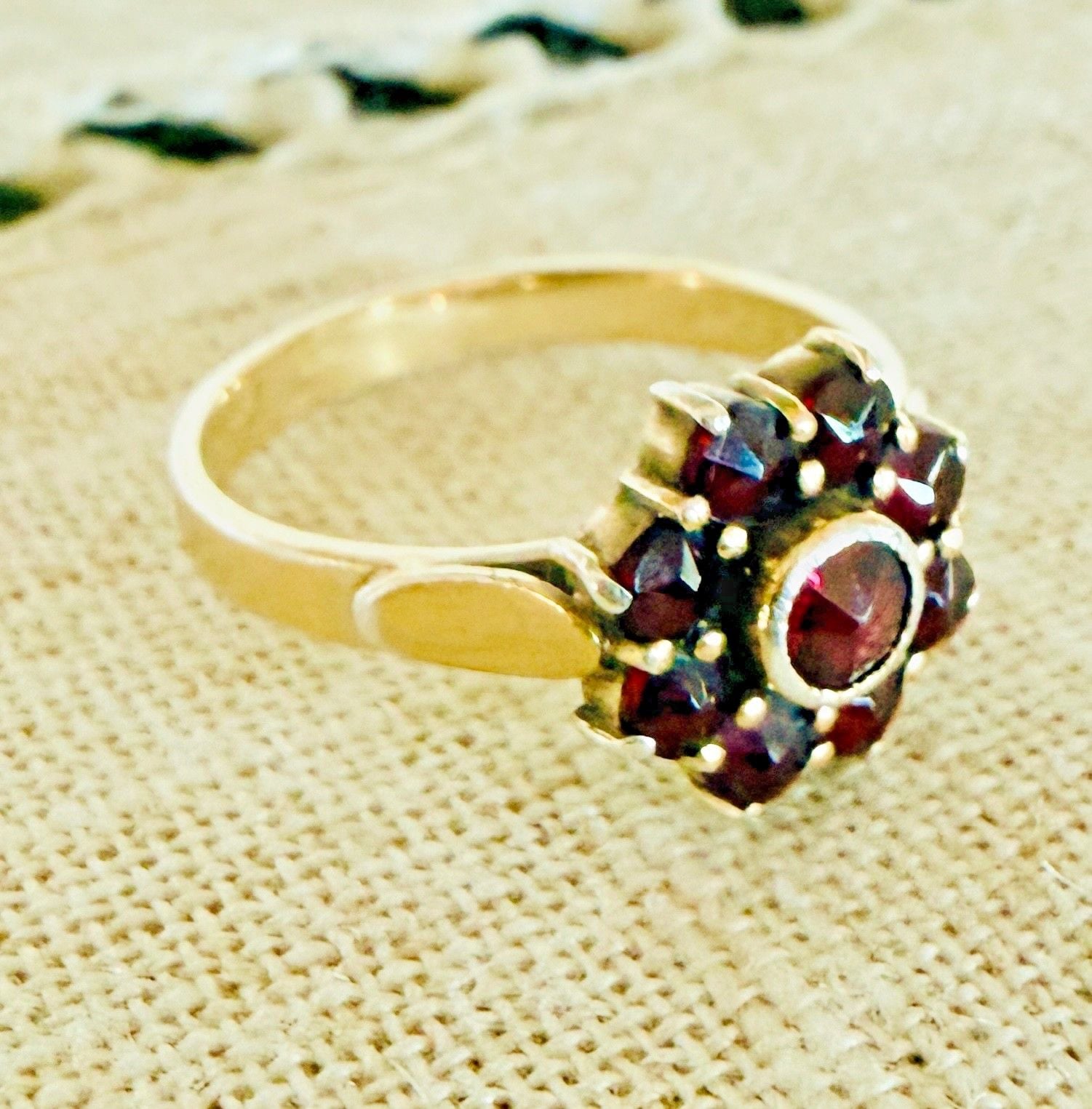Antique Bohemian Garnet Cluster Ring Silver Gilt Rose Cut Stones Size 6 9