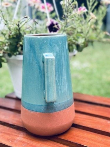 NOS New York Stoneware Handmade Turquoise & Terracotta Drink Pitcher 10” Tall 8