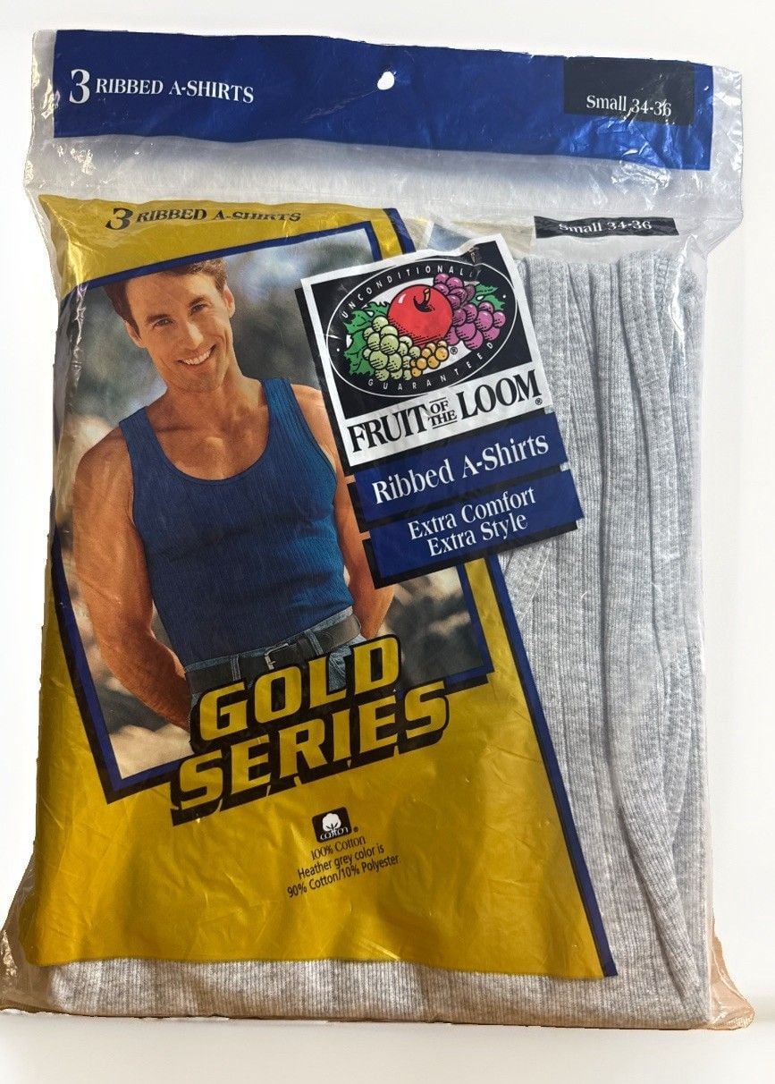 Vintage Fruit of the Loom Gold Series Ribbed A-Shirts 3 Pack S 34-36 NOS Gray 1