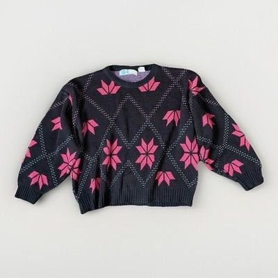 Vtg Gitano Sweater Womens M Navy & Pink Floral Geometric 80s 90s Cropped Knit 3