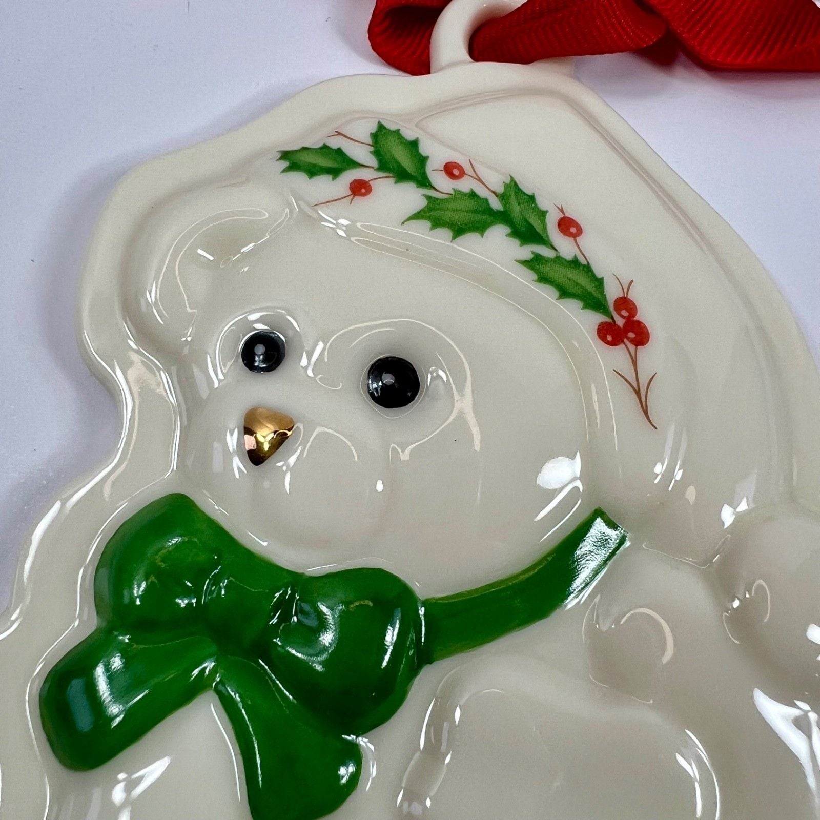 Lenox Holiday Teddy Bear Cookie Press Christmas Ornament Porcelain Holly Ribbon 7