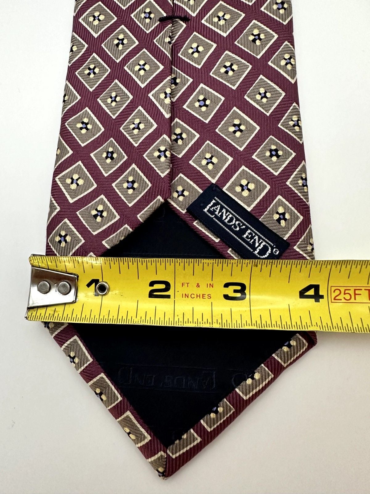 Land’s End Men’s Silk Tie Burgundy with Navy & Gold Geometric Diamond Pattern 3