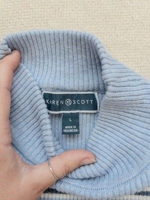 90s Striped Cotton Mock Neck Ribbed Sweater Navy Blue White Size Petite Large 8
