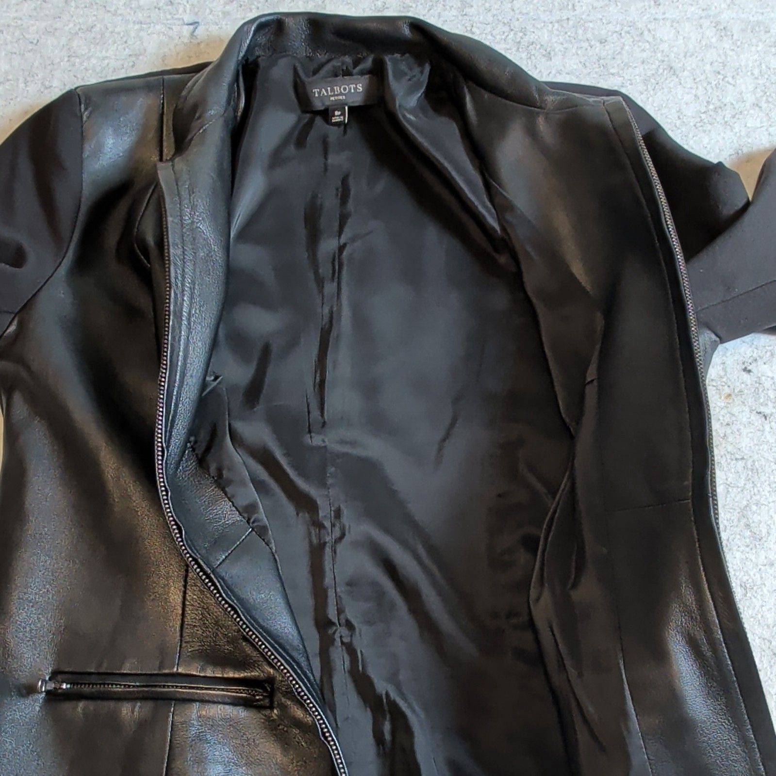 Talbots Petites Womens Black Leather Zip Front Jacket Collared Pockets 8P 13