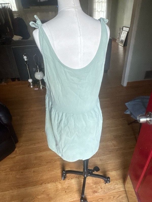 Romwe Sage Green Shoulder Tie Babydoll Mini Dress 3