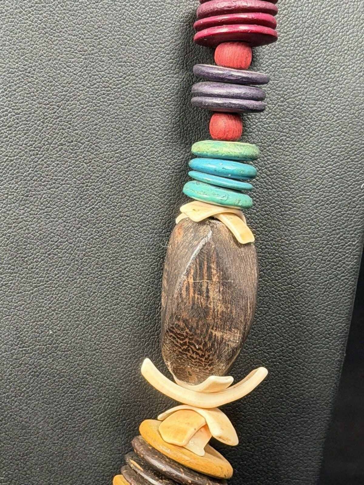 Vtg Boho Natural Coconut Shell Disc Heishi Bead Wooden Tribal Statement Necklace 6