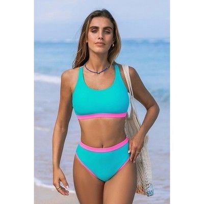 NWT Cupshe Teal and Pink High Waisted Bikini Set Womens Small Colorblock Sporty 5