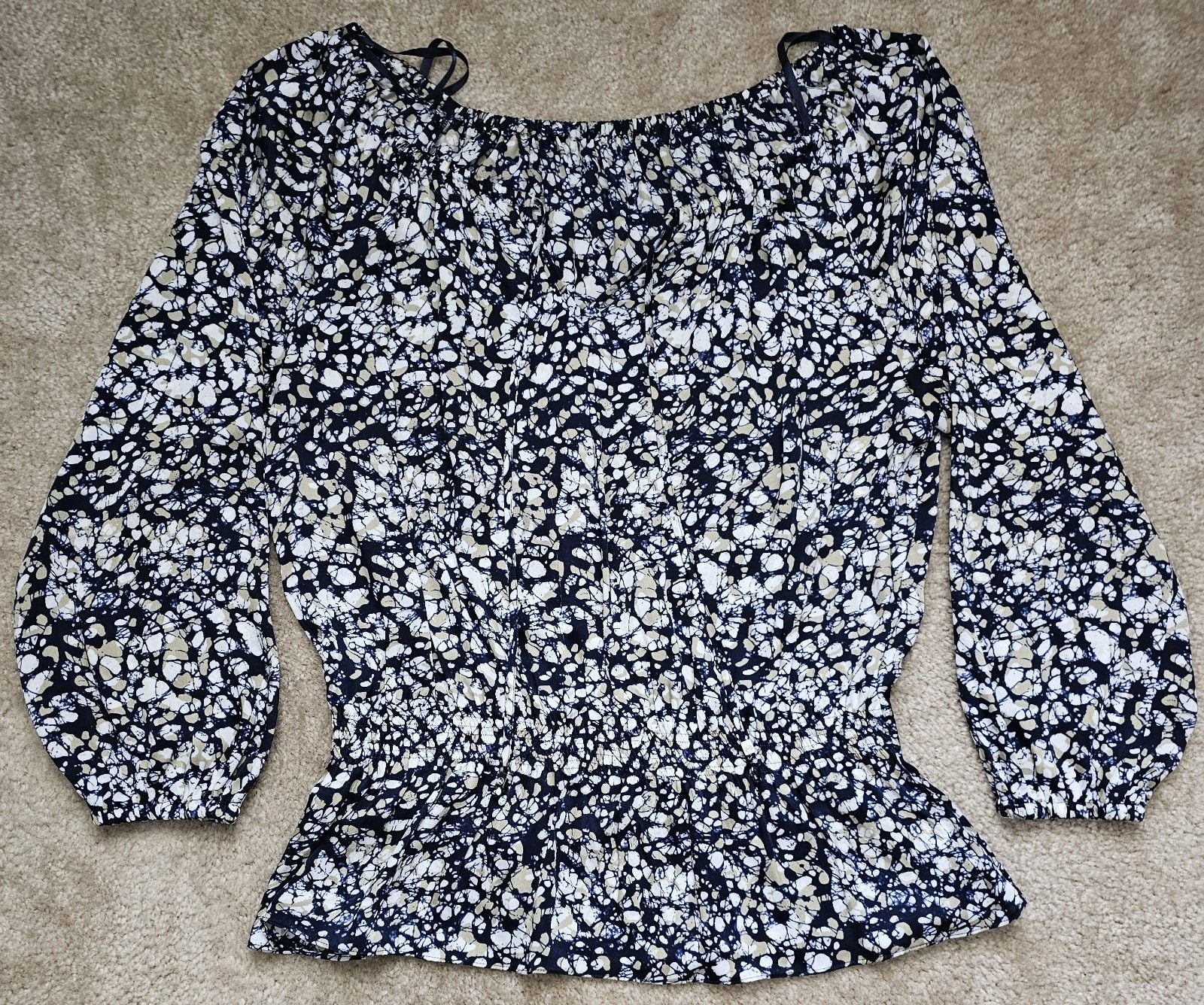 Michael Kors Women's Abstract Print Peplum Blouse Long Sleeve Navy Tan White 2