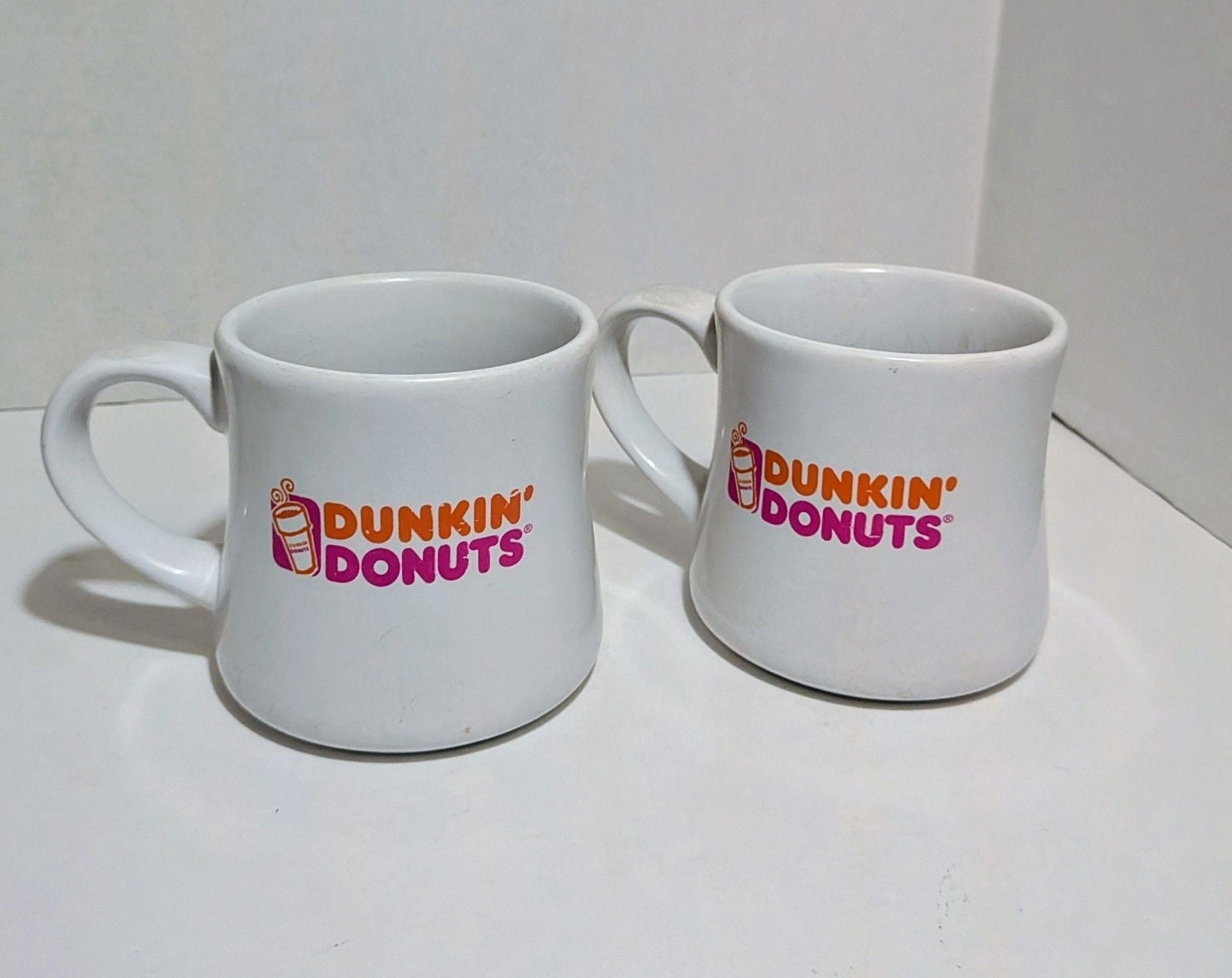 2 Dunkin Donuts Mugs Diner 12oz White Orange Pink Logo Coffee Cup Vintage Retro 1